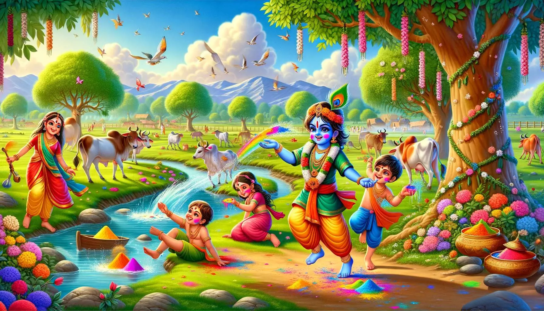 Festive Colors of Holi: Krishna and Friends in Nature's Embrace Image